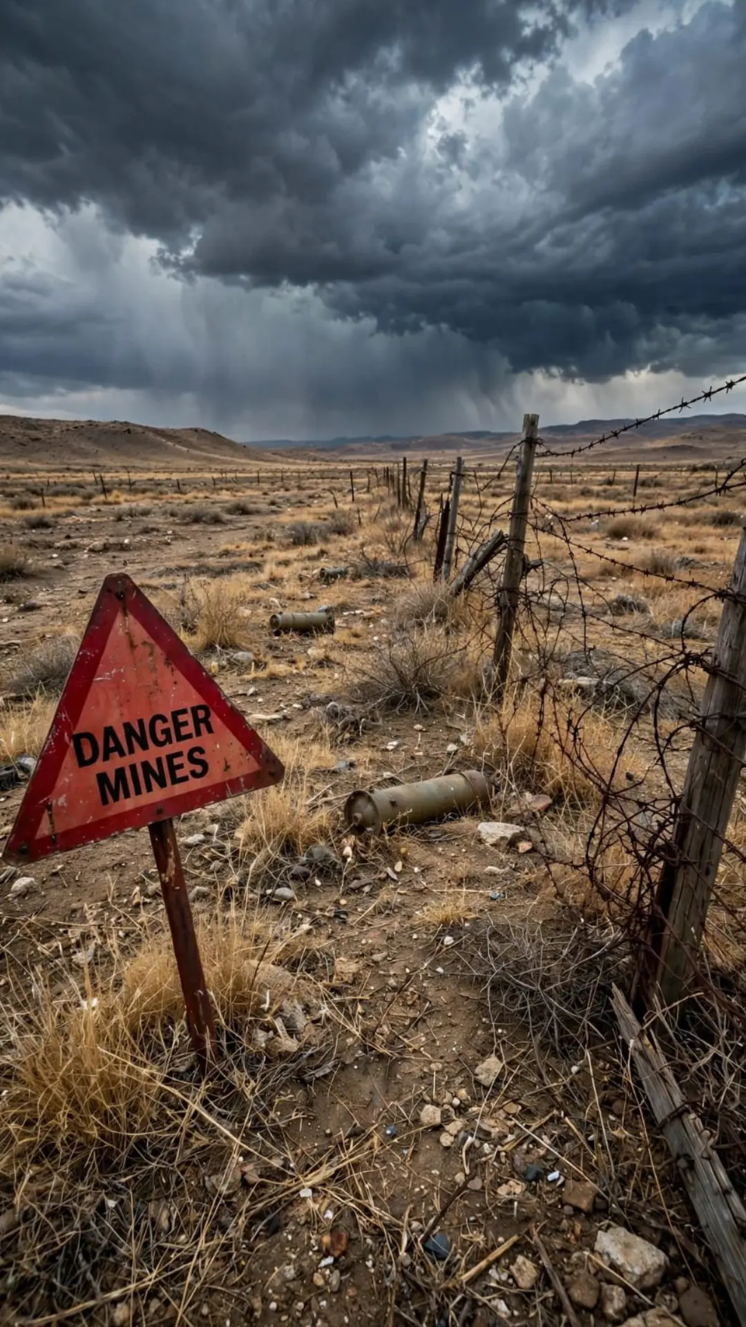 Danger mines warning sign in contaminated field as UN reports 58 countries still have landmines with 90 percent civilian victims