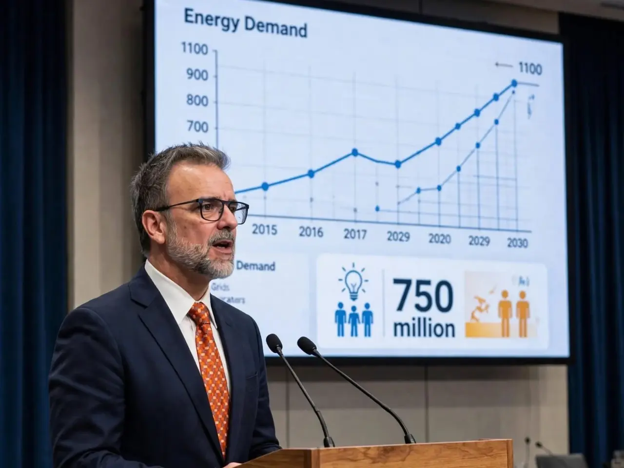 Pedro Manuel Moreno speaking at UN HQ launch of Global Grids Accelerator electricity revolution with 1100 TWh demand and 750 million without power