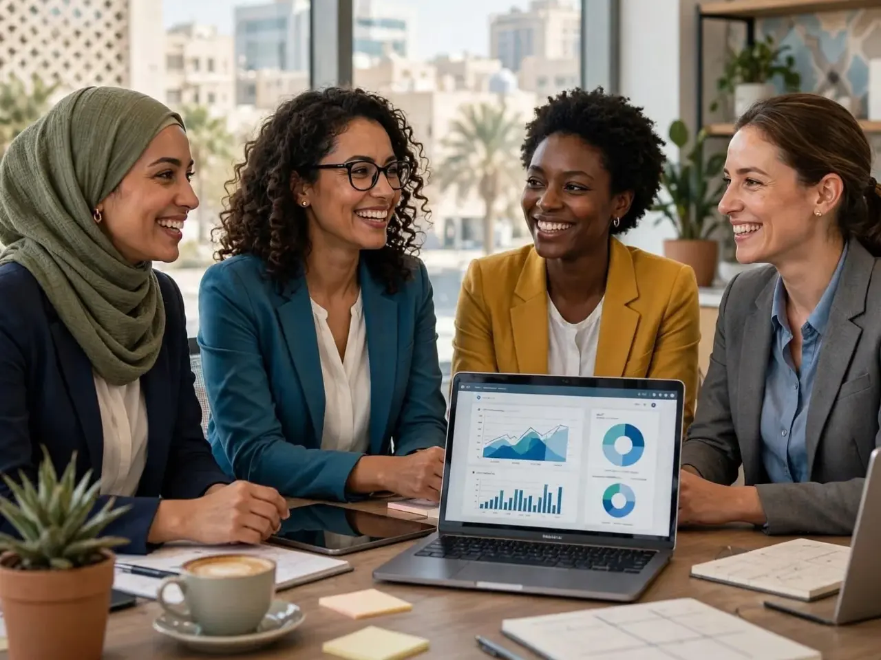 Diverse professional women collaborating in modern MENA office meeting with laptop showing growth charts representing EU UN Women employment initiative