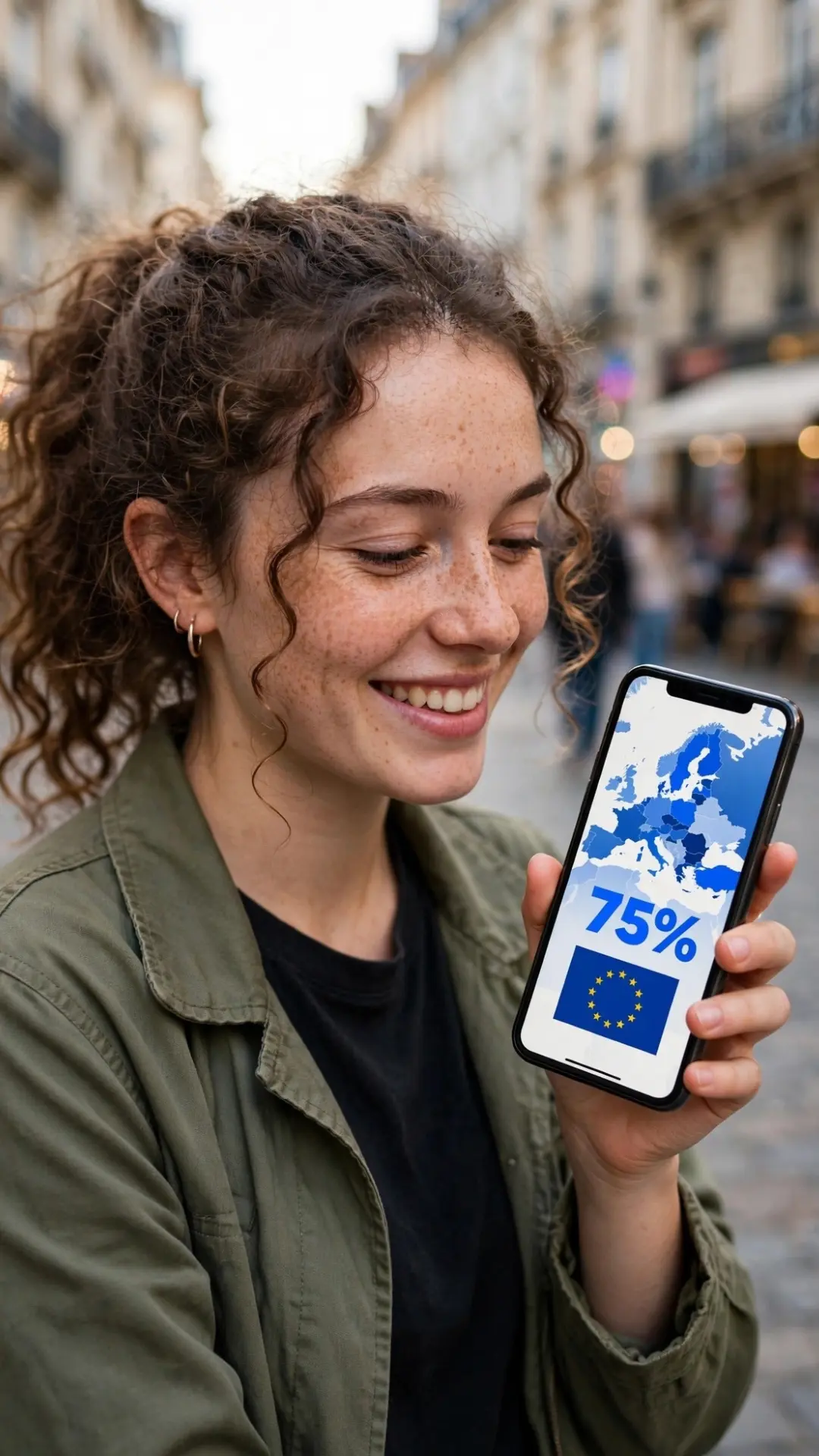 Real smiling young European woman with curly hair and freckles holding smartphone showing EU digital skills map with 75% average on International Literacy Day in European street