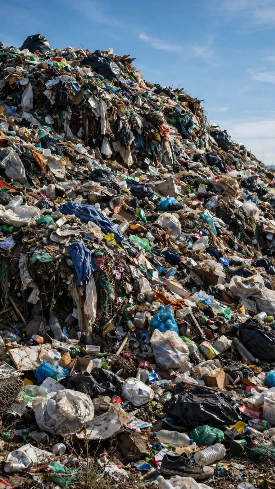 Huge mountain of mixed garbage and plastic waste under blue sky showing global waste crisis reaching 2.6 billion tonnes early