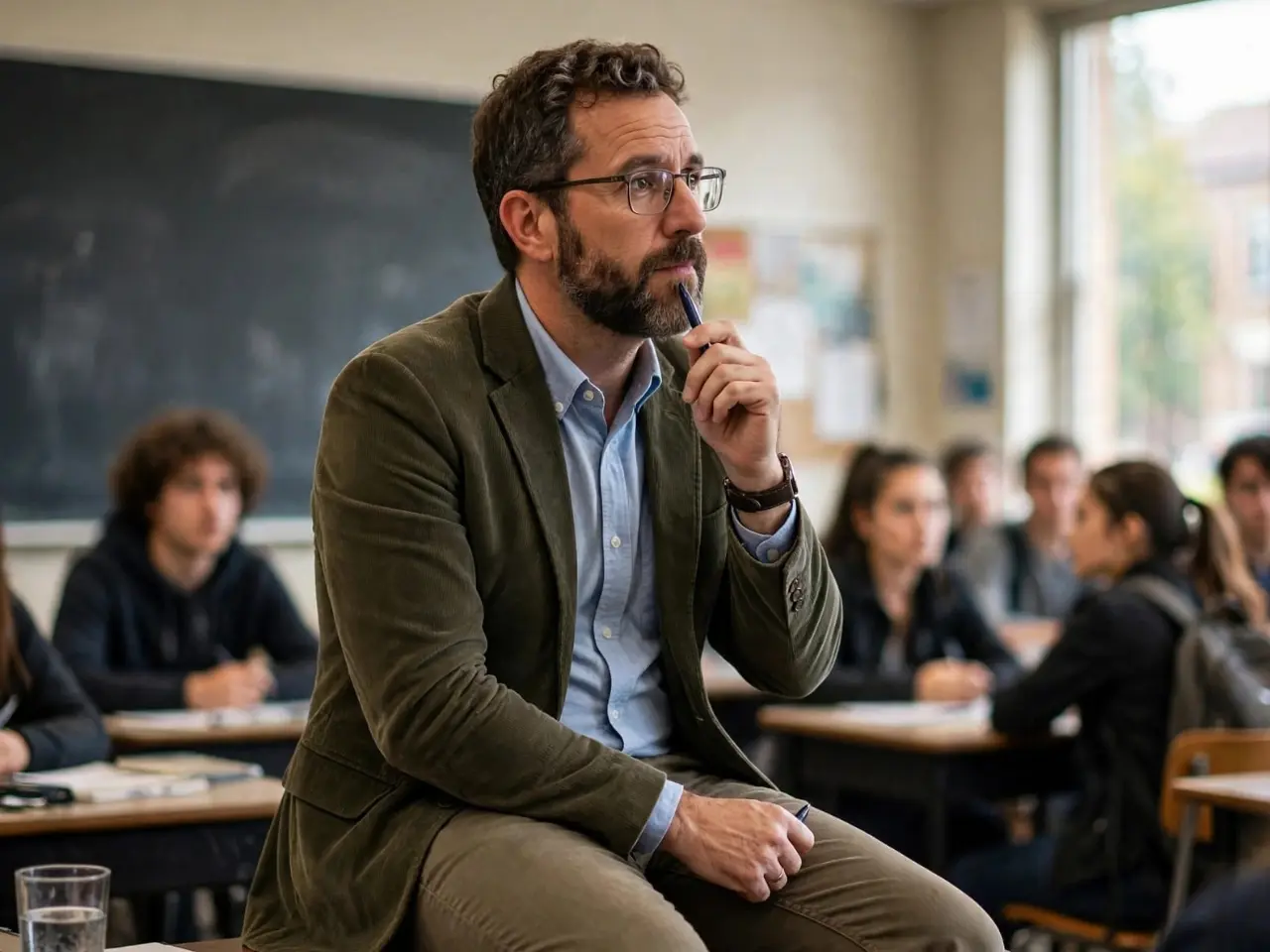 Male professor teaching in classroom with text only 33.4 percent of higher education professionals feel very confident in using AI source UNESCO survey