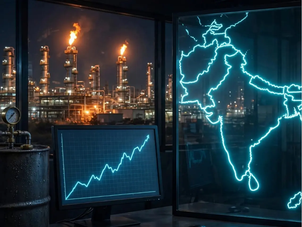 Oil refinery at night with South Asia map outline glowing on glass, economic growth chart rising on monitor and oil barrel gauges representing energy price surge threatening South Asia growth