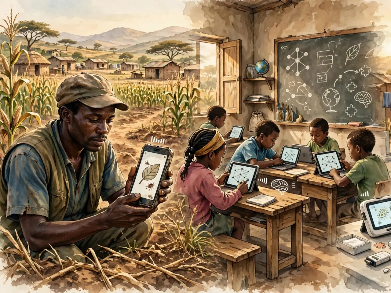 Farmer using smartphone for pest advice, children learning with old tablets in rural classroom, and healthcare worker using portable AI diagnostic tool - small AI operating on low connectivity and old devices in developing countries