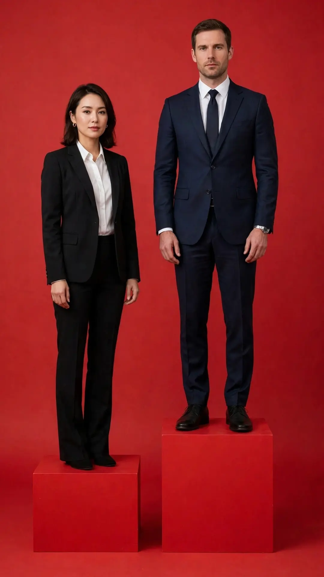 Illustration of gender pay gap showing woman standing on shorter bar chart than man with text Women earn about 18% less than men on average, International Labour Organization report on International Equal Pay Day 2026