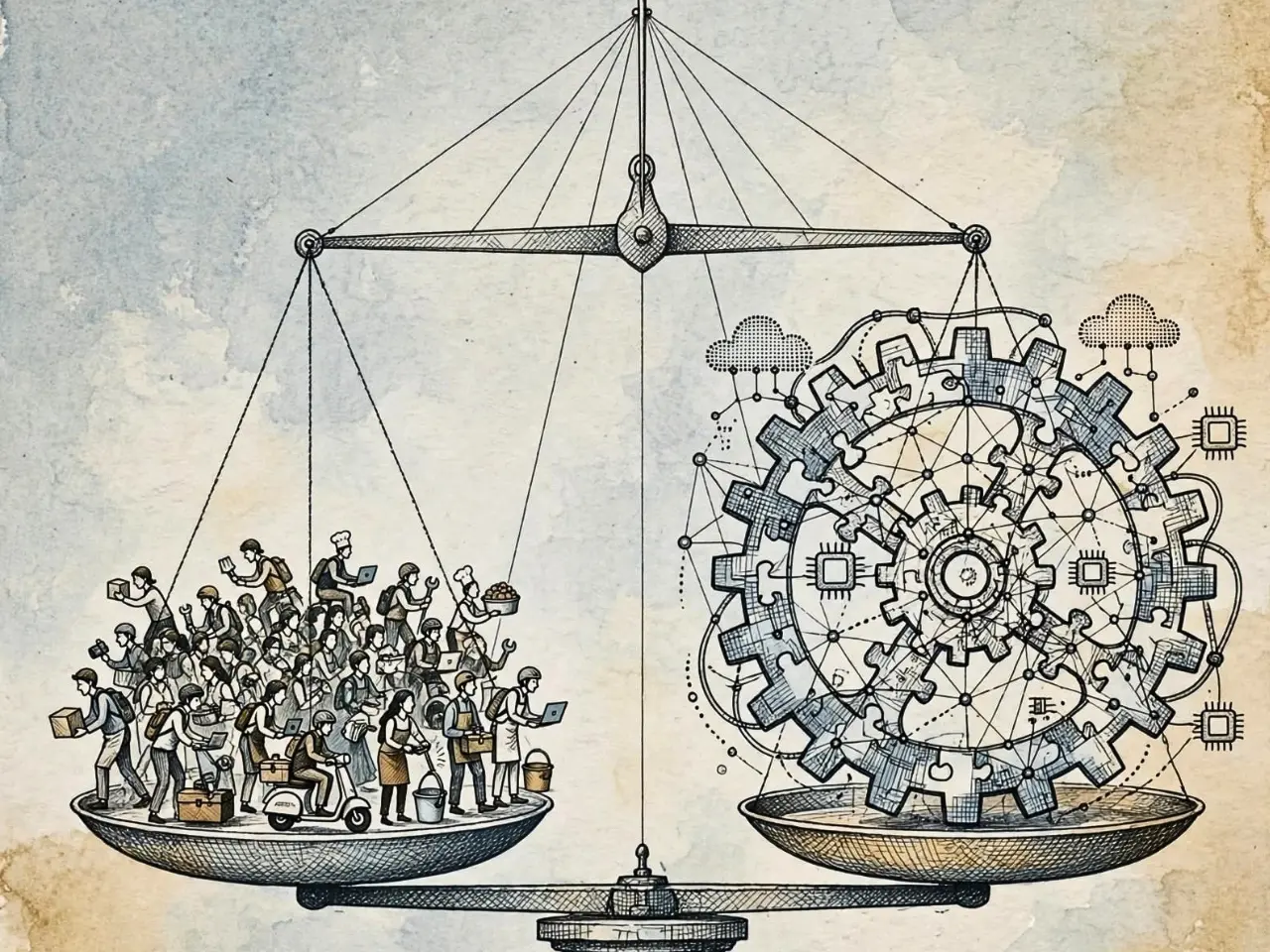 showing a large vintage balance scale over a city skyline. On the left pan, dozens of gig workers — delivery riders, drivers, cleaners, freelancers with laptops and tools. On the right pan, a single giant interconnected gear with digital nodes and cloud icons representing the platform algorithm. Con
