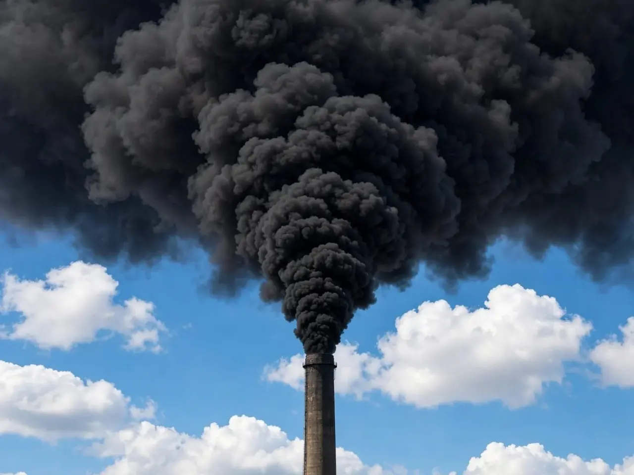 Tall industrial chimney emitting thick black smoke into blue sky with white clouds showing contrast between fossil fuel pollution and clean air
