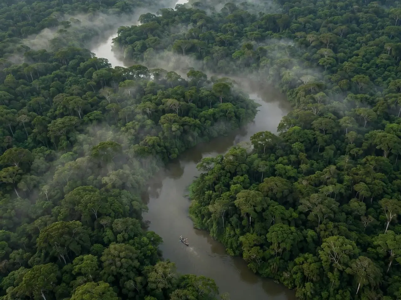 Aerial view of Amazon rainforest river with text overlay showing 7.4 million hectares of protected and conserved areas under sustainable landscapes program