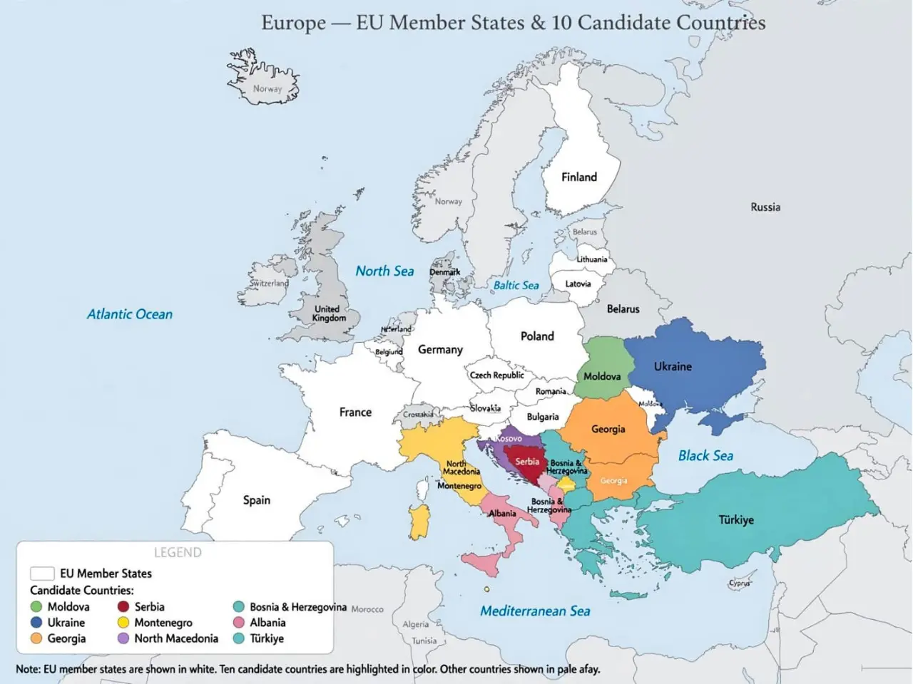 Europe map shows EU member states in white and 10 candidate countries Moldova Ukraine Georgia Serbia Montenegro Albania North Macedonia Bosnia Herzegovina Türkiye Kosovo highlighted in color