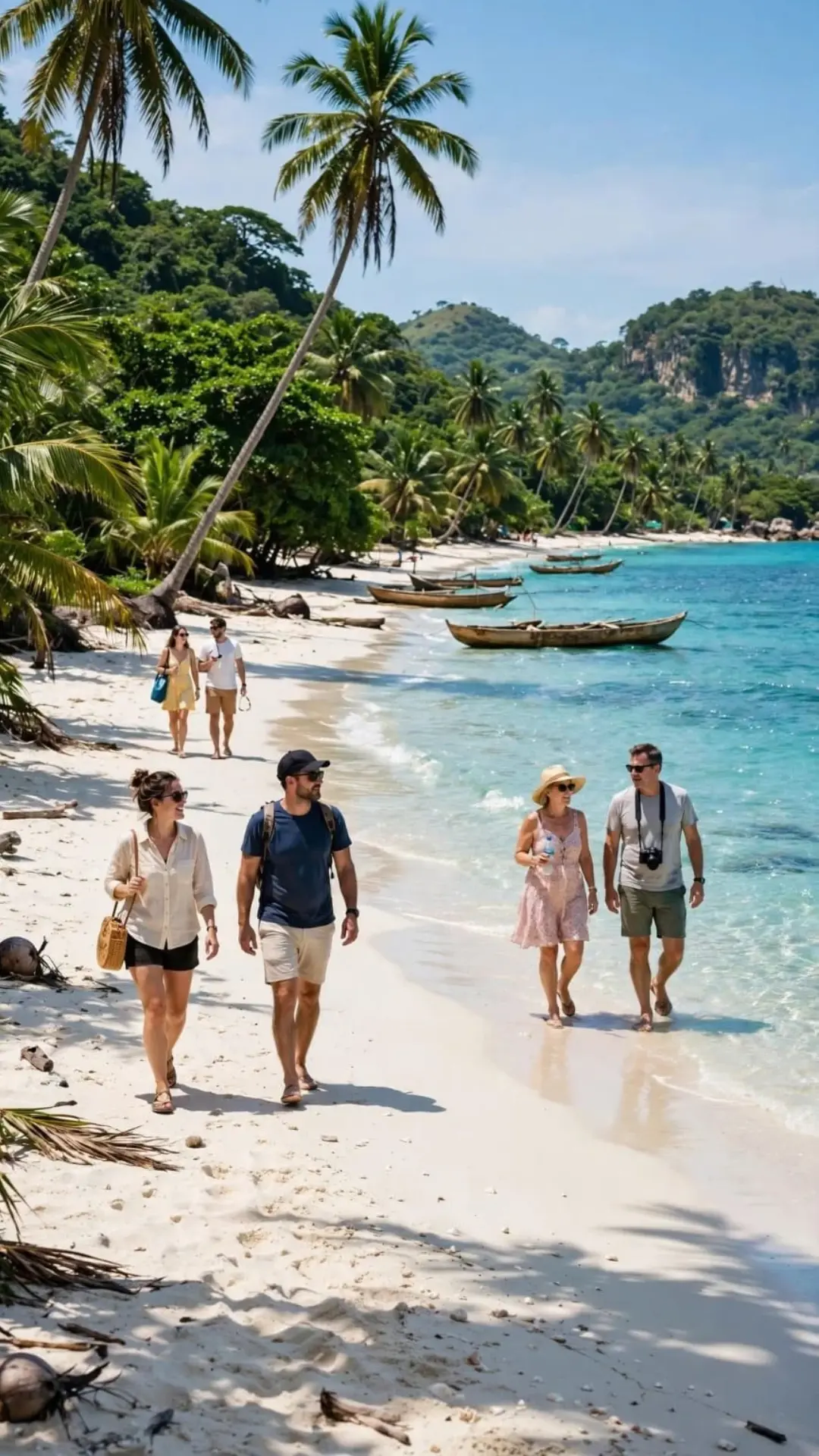 International tourists walking on white sand beach with palm trees and turquoise water in Sierra Leone beach tourism