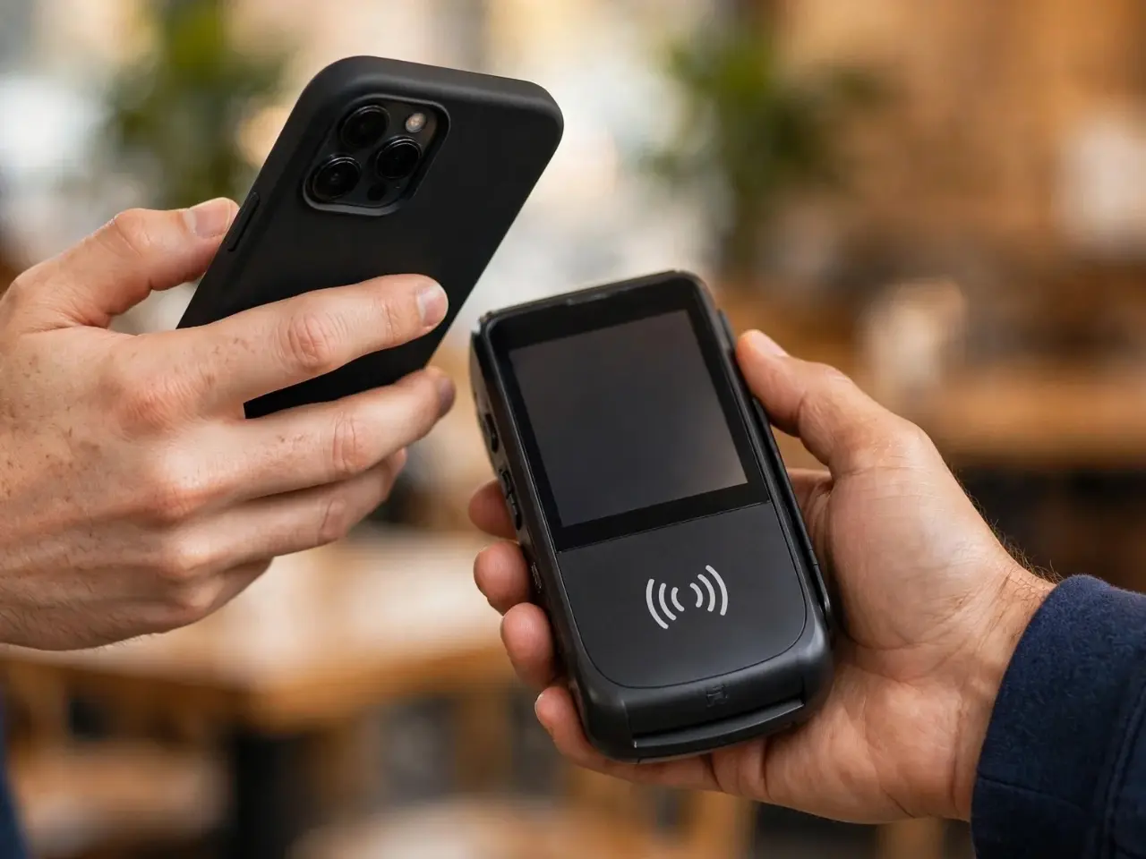 Person paying with smartphone on POS machine with text World Bank Group Launches Initiative to Help Local Financial Institutions Expand Digital Payments in Emerging Markets IFC