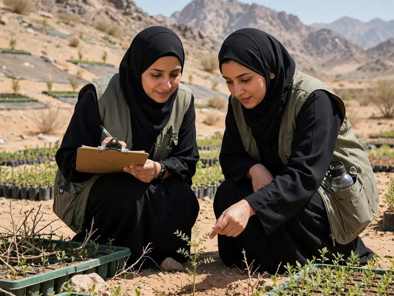 Saudi conservation workers monitoring desert plants and nursery with text Saudi Arabia's mission to revive millions of hectares KSA National Greening Program World Restoration Flagship