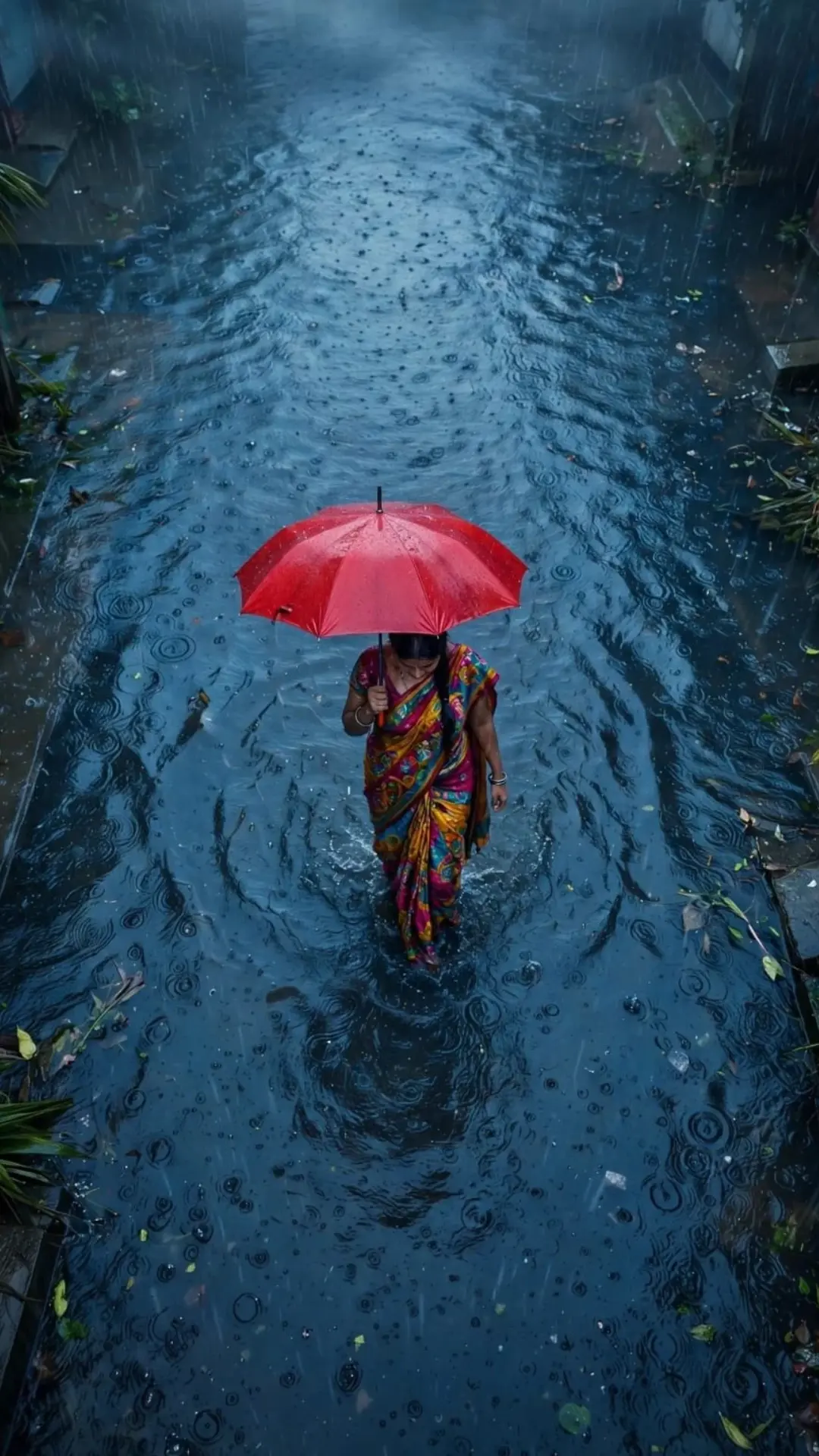 Woman with red umbrella wading through flooded water during heavy rain with text over 90% of natural disasters are weather water related UN environment programme