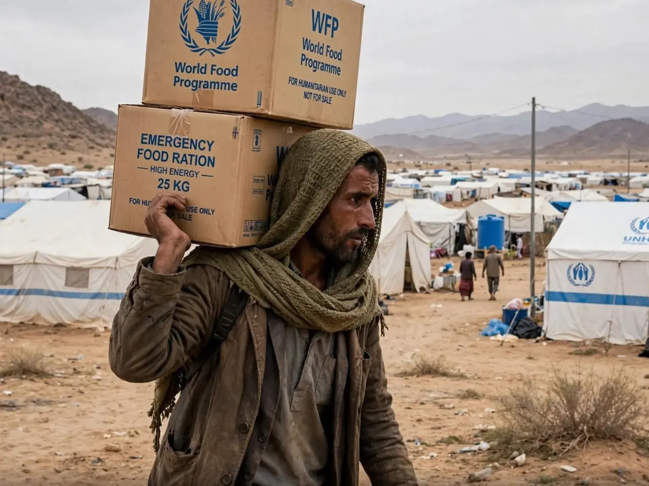 Yemeni man carrying WFP emergency food ration boxes in Marib displacement camp with tents, Yemen humanitarian crisis 2025, WFP food assistance for 125000 displaced