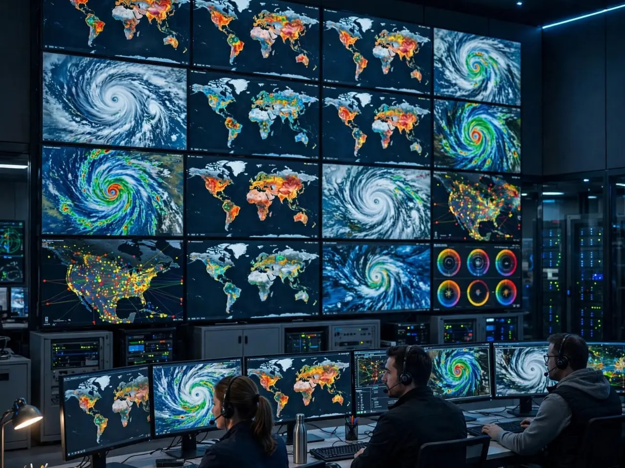 Disaster management monitor room control center with large video wall displaying global hazard maps hurricane tracking and risk data operators monitoring risks before disasters strike