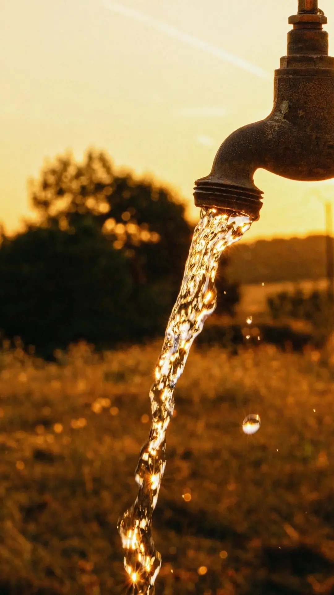 Rusty water tap with sparkling clean water flowing at golden sunset over rural field, symbolizing clean water as human right UN Water Action
