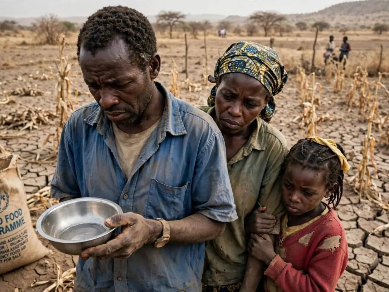 Smallholder farmer family holding empty bowl in drought-cracked field with failed maize crop due to El Niño climate crisis, WFP and FAO emergency food aid support to prevent hunger
