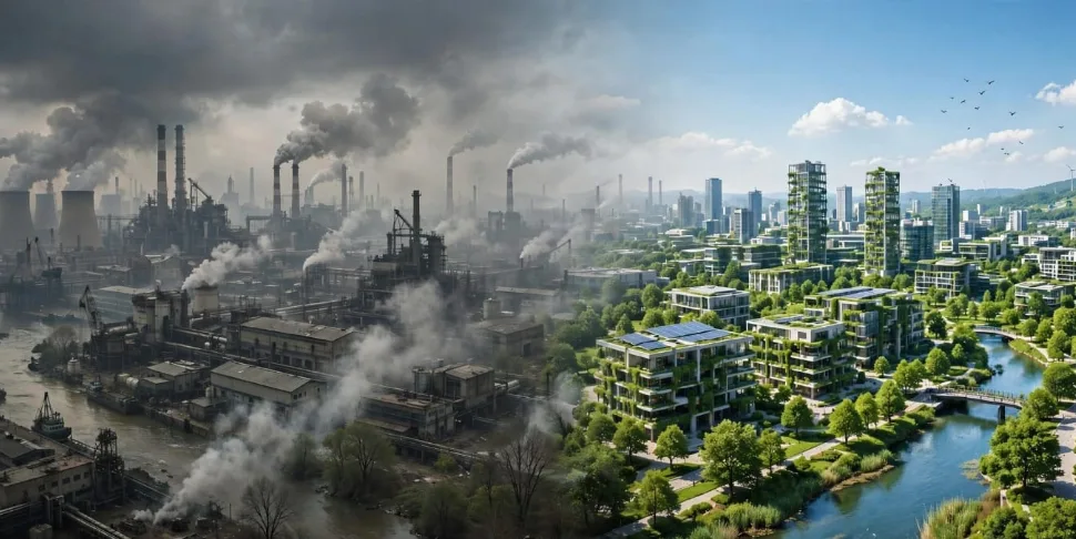 Infographic: air pollution causes 5.7 million deaths yearly, costs 5% of global GDP, 35% reduction possible.