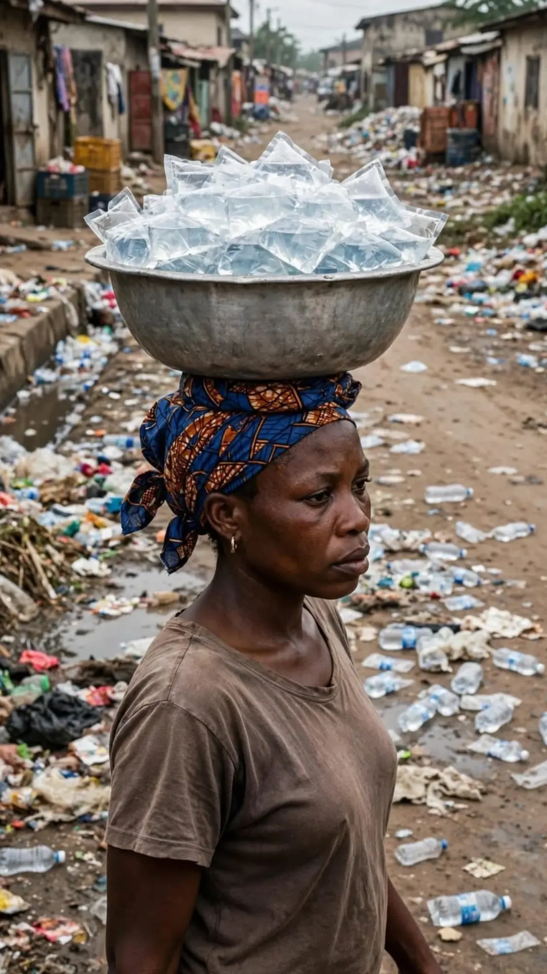 Nigerian woman carries water sachets on head walking through street littered with plastic waste highlighting water access and pollution crisis