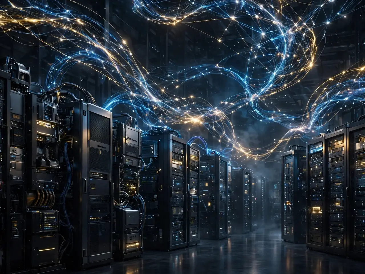 Futuristic AI data center servers with glowing neural network connections representing massive AI infrastructure investment by US tech giants driving capital spending to nearly 2 percent of US GDP