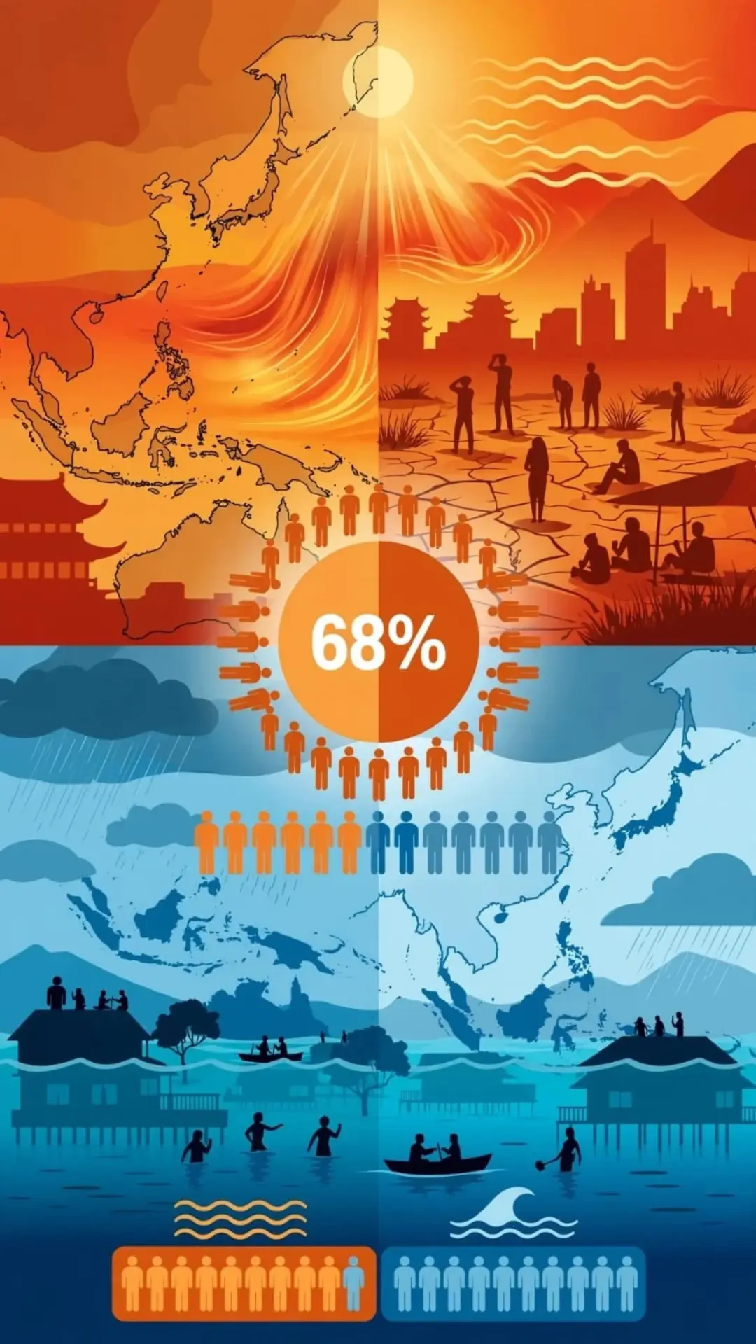 68 percent of East Asia and Pacific population exposed to extreme weather hazards infographic showing heatwave affecting half population and floods threatening one in ten people with East Asia map and climate impact illustration