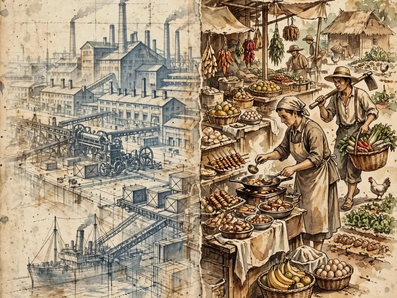 Split illustration showing faded industrial export factory blueprint versus vibrant informal economy with street food vendors and subsistence farmers