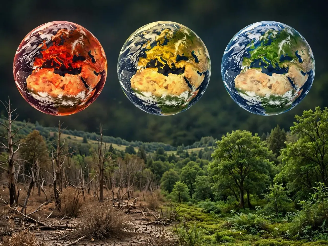 Three Earth globes showing climate change impact from hot red to green healthy with forest restoration from dry cracked land to lush green representing Europe net-zero investment
