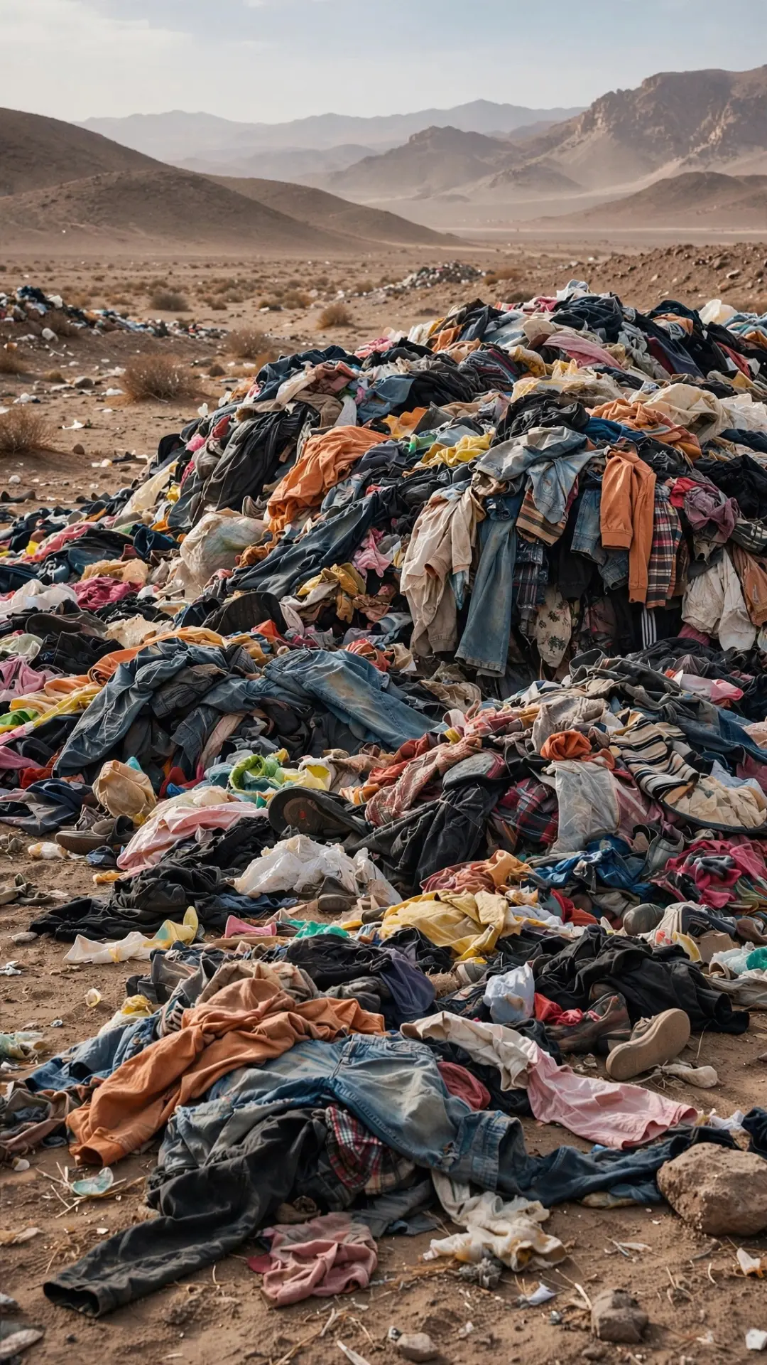 Pile of colorful textile waste representing 92 million tonnes yearly fashion pollution harming people and planet