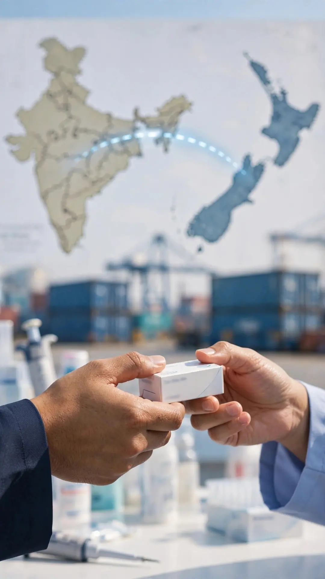 Hands exchanging pharmaceutical medicine box with India to New Zealand map trade route connection in background showing zero duty FTA export agreement