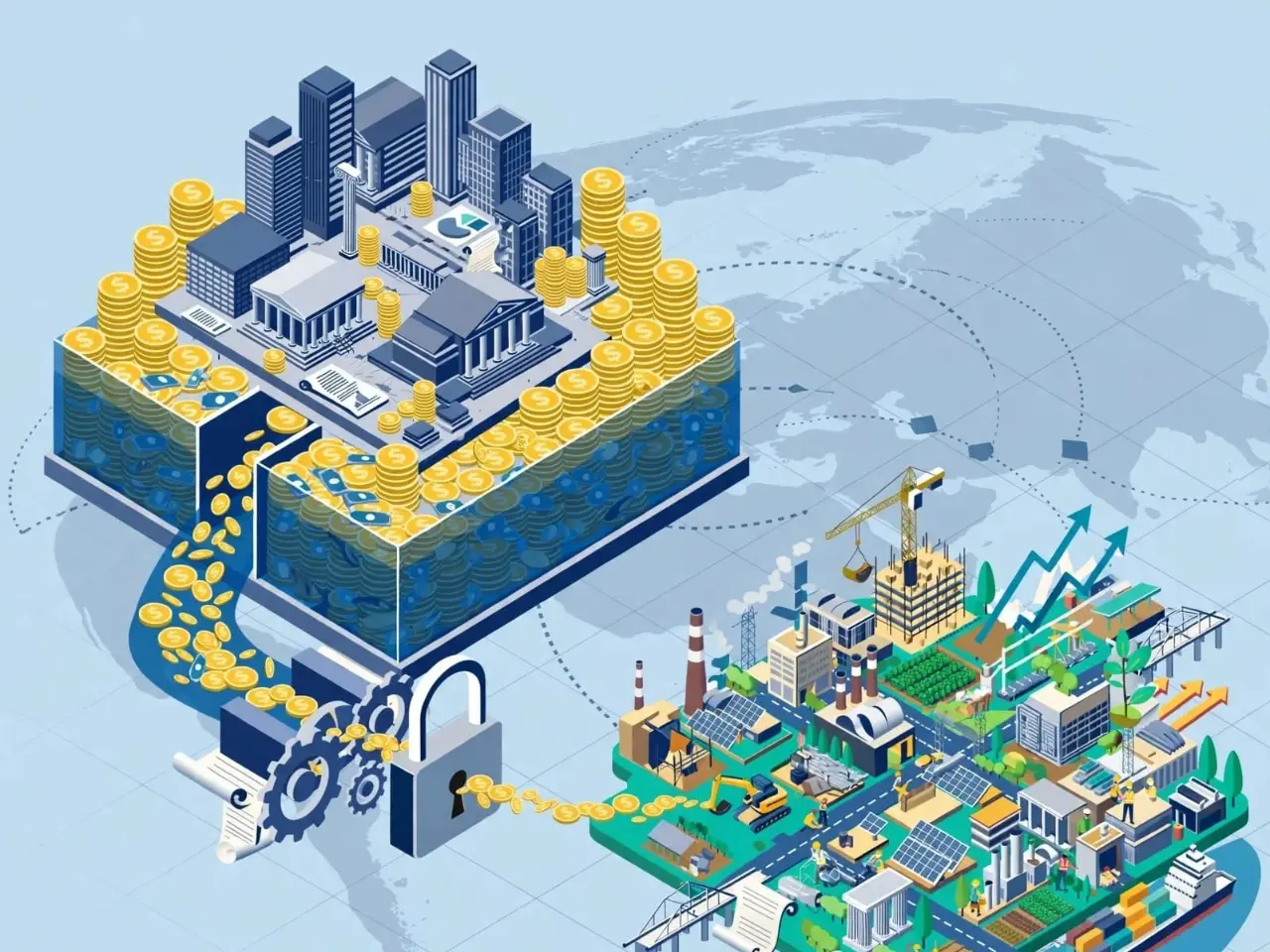 280 trillion dollars global capital managed by banks and institutional investors with only small fraction reaching emerging markets isometric infographic unlocking investment through policy frameworks for jobs and growth