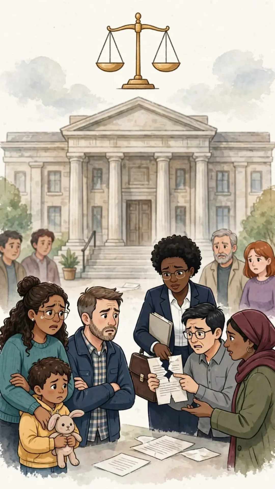 Diverse group of people looking worried while holding legal documents outside a courthouse, with a justice scale statue in the background, representing justice problems faced by citizens