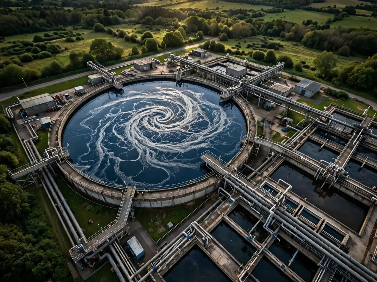 Aerial view of circular wastewater treatment plant tank with swirling water and foam showing that only 56 percent of global domestic wastewater is safely treated