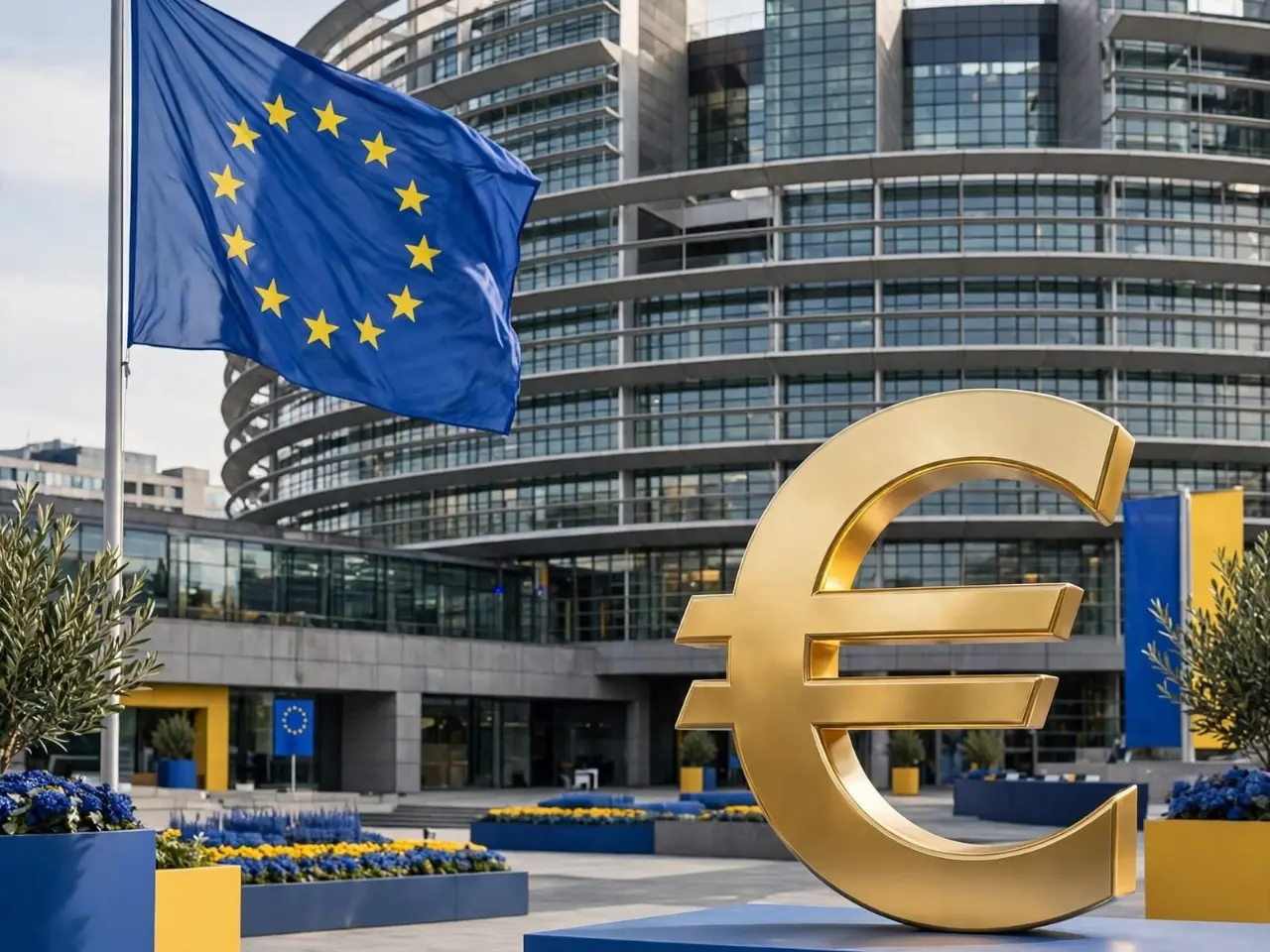 European Parliament 194 billion euro budget proposal for 2027 European Union flag outside parliament building with euro symbol