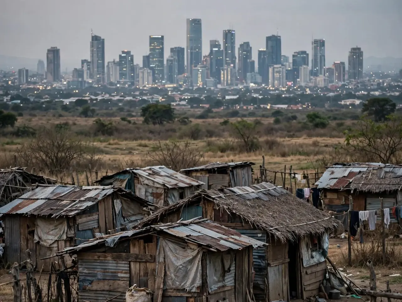 Rural slums with tin-roof huts in foreground and urban city skyline in background showing 83.3 percent rural vs 16.7 percent urban multidimensional poverty divide OPHI UNDP report