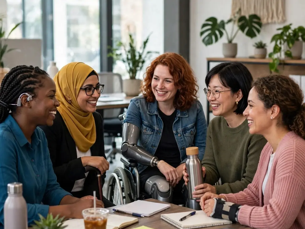 Diverse group women with disabilities prosthetic limbs wheelchair hearing aid collaborating smiling in inclusive office meeting