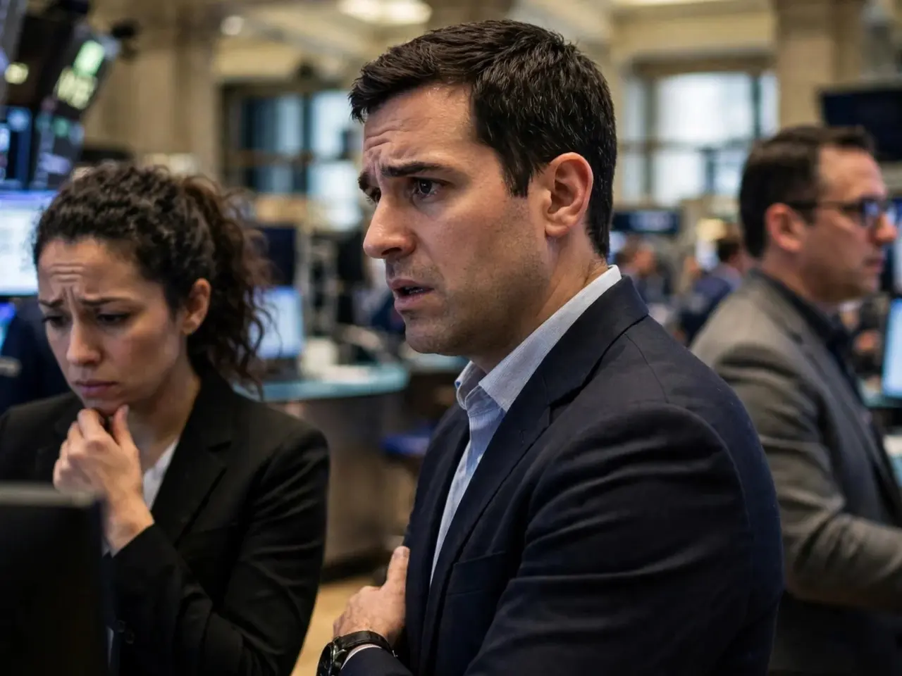 Hedge fund traders react to stock market volatility at New York Stock Exchange during trading stress and crowded selling pressure