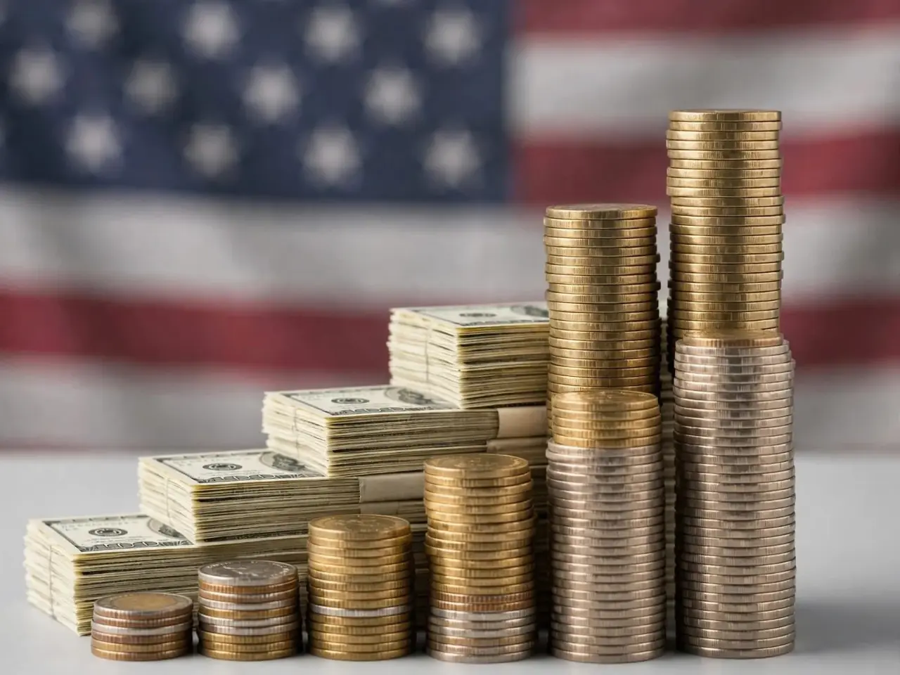Stacks of coins and US dollar bills showing rising household income growth with American flag background