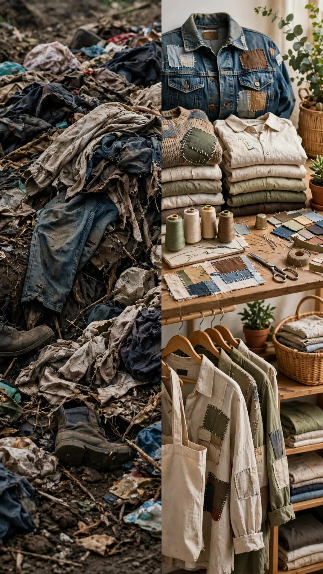 Split view of fashion waste in landfill versus circular fashion with repaired patched clothes sewing tools and sustainable wardrobe