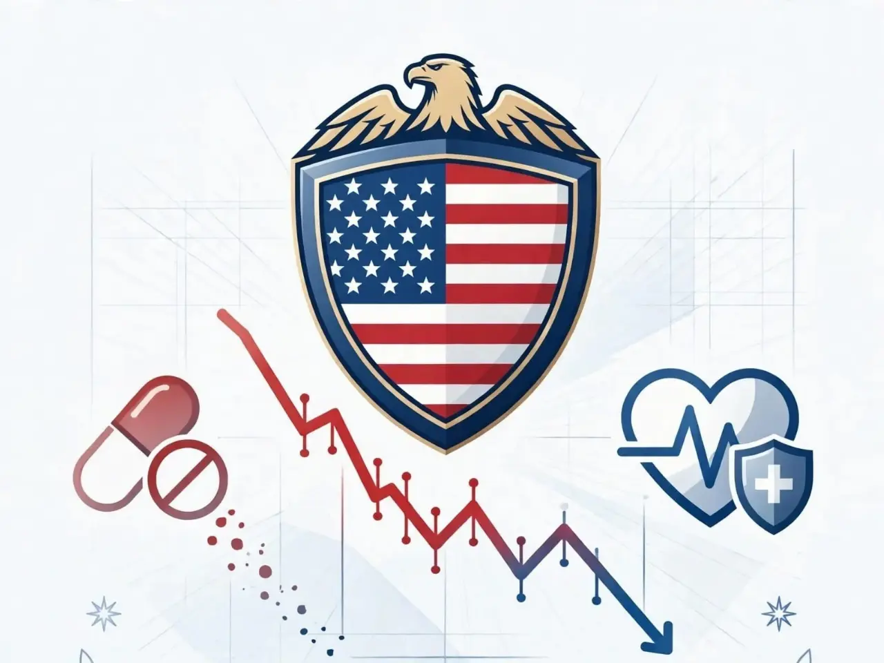 American shield with flag and eagle showing sharp decline in drug overdose statistics graph, border fence secured with lock, heart health icon, representing saving American lives