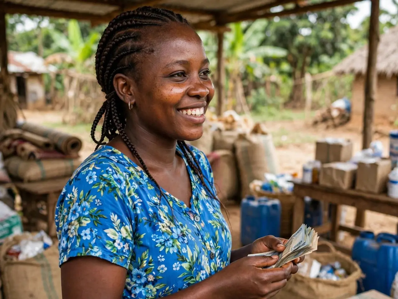 Cameroon woman holding cash assistance from UN CERF and FAO program that reached 9400 people with 95 percent improved food security under 87 Million Lives Campaign