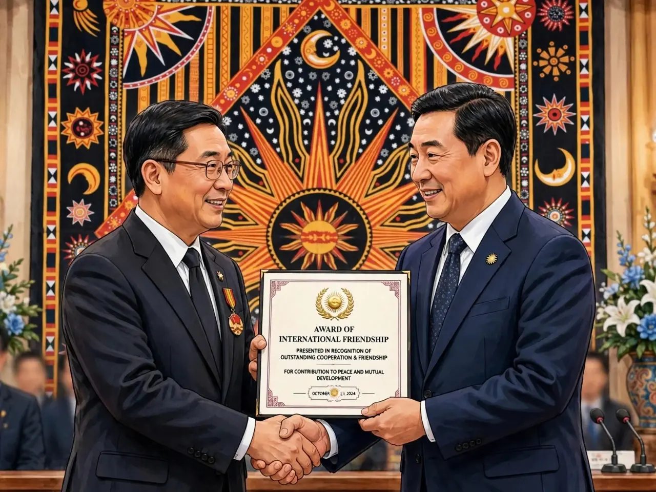 Mongolia President Ukhnaa Khurelsukh presents Friendship Medal certificate to ADB President Masato Kanda wearing medal in Ulaanbaatar marking 35 years of partnership and 1.3 billion dollar investment pledge by 2027