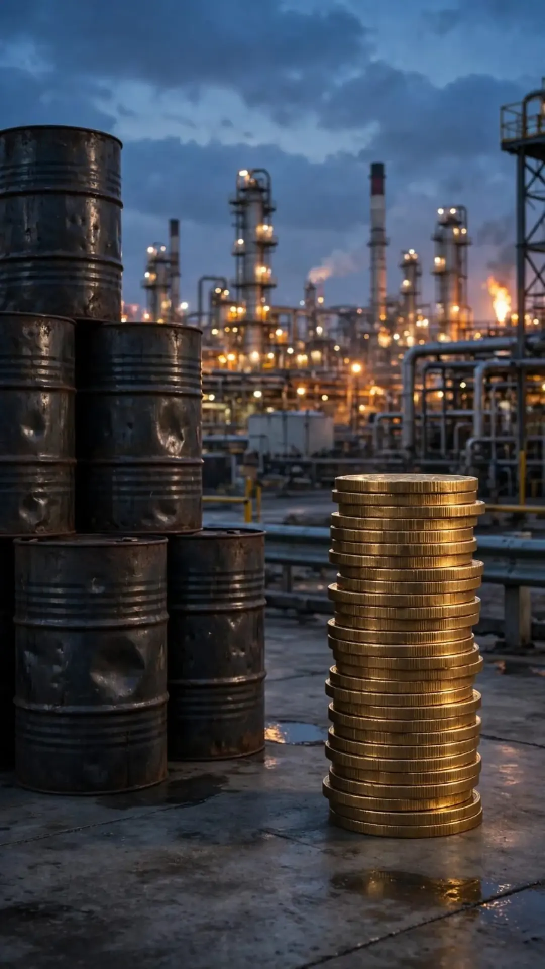 Crude oil barrels stacked beside gold coins with refinery plant in background representing petroleum tax share