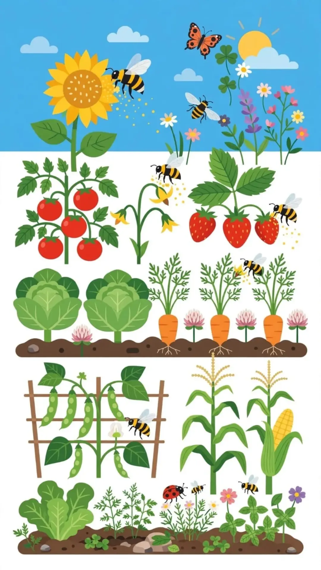 Cute cartoon bees pollinating cycle of productive crops sunflower strawberry tomato carrot cabbage broccoli peas radish