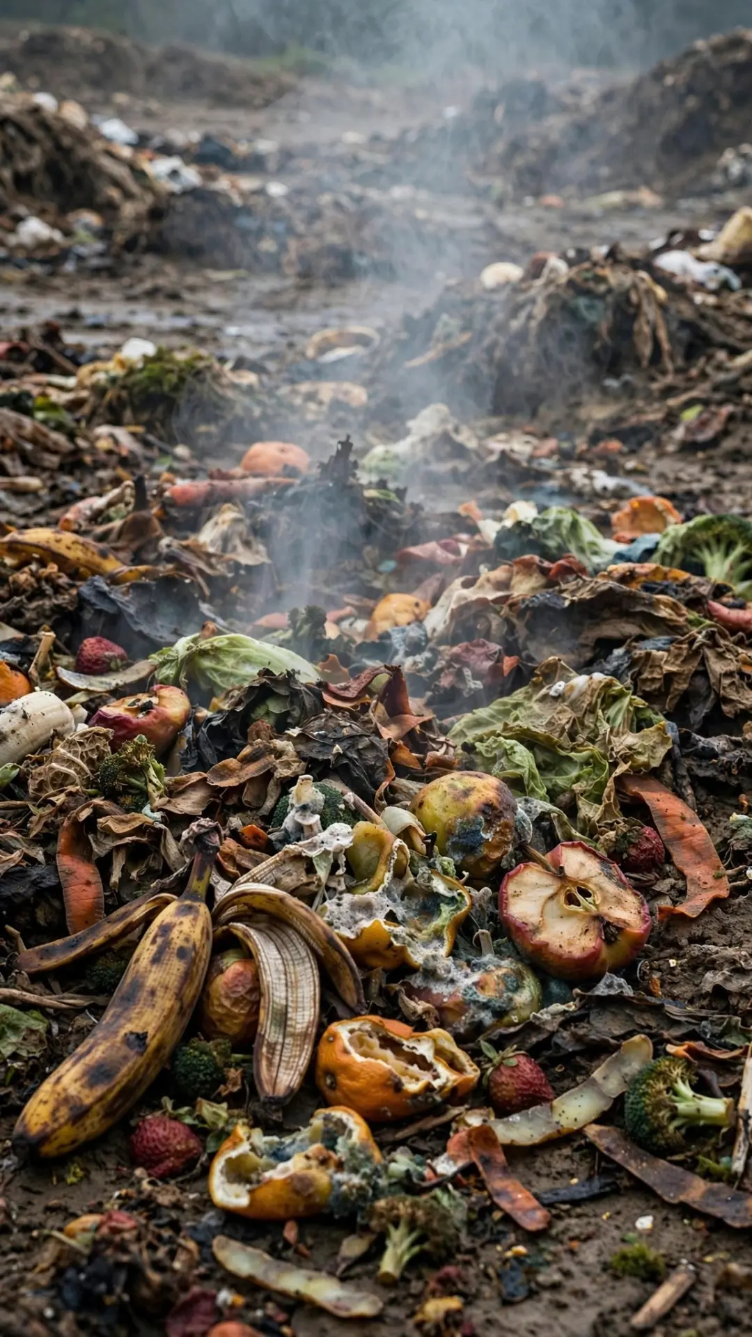 Decomposing food waste on ground with text overlay Food waste fuels methane emissions by UN Environment Programme warning about landfill methane and global warming
